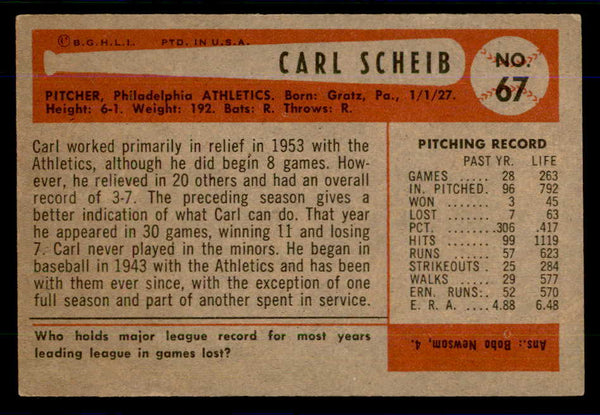 1954 Bowman Baseball #067 Carl Scheib A's EX-MT 559049