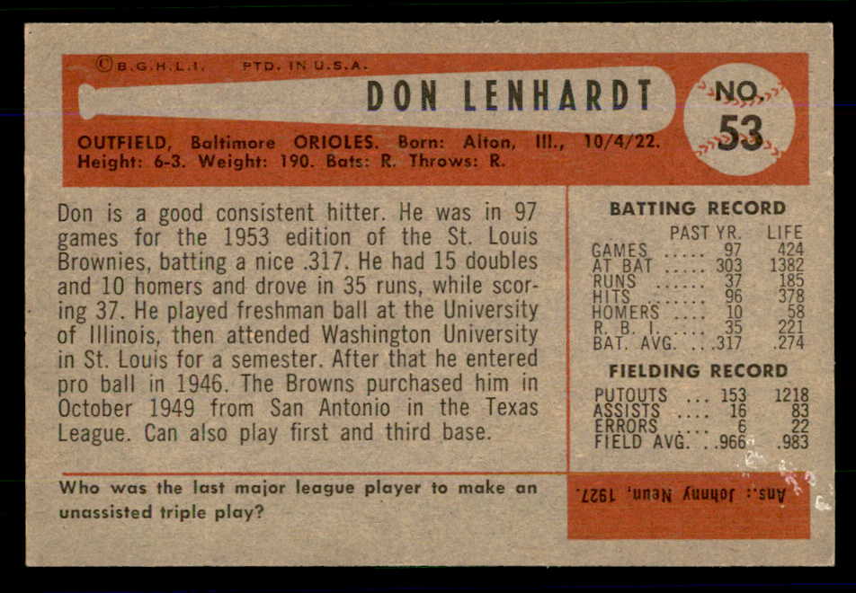 1954 Bowman Baseball #053 Don Lenhardt Orioles EX-MT 559051