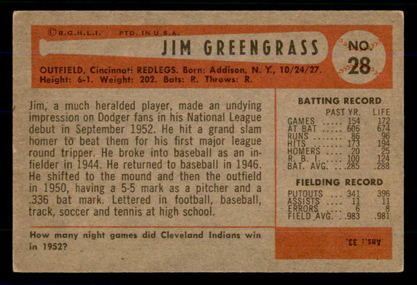 1954 Bowman Baseball #028 Jim Greengrass Reds EX-MT 559054