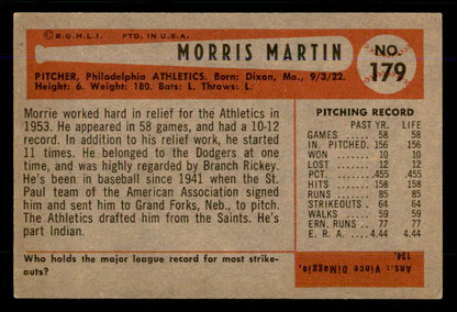 1954 Bowman Baseball #179 Morrie Martin A's EX-MT 559055