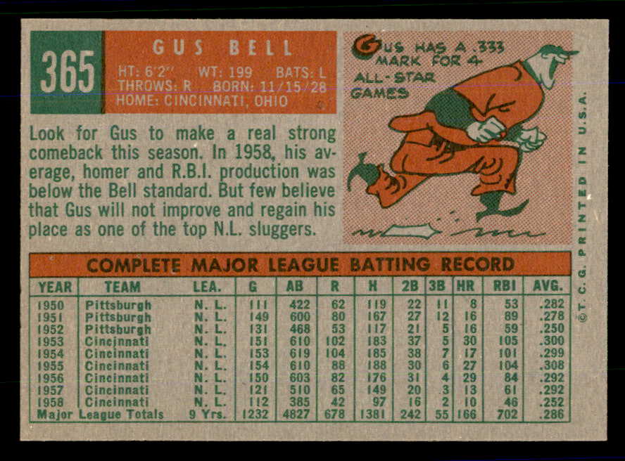 1959 Topps Baseball #365 Gus Bell Reds EX-MT 559059