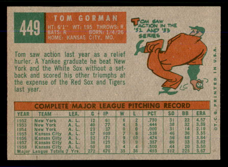 1959 Topps Baseball #449 Tom Gorman A's EX-MT 559062