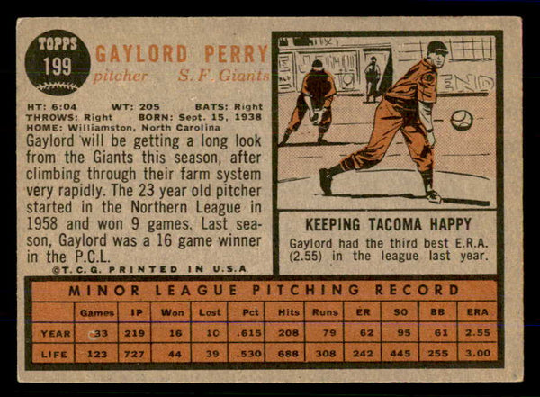 1962 Topps Baseball #199 Gaylord Perry Giants VG/VG-EX 559066