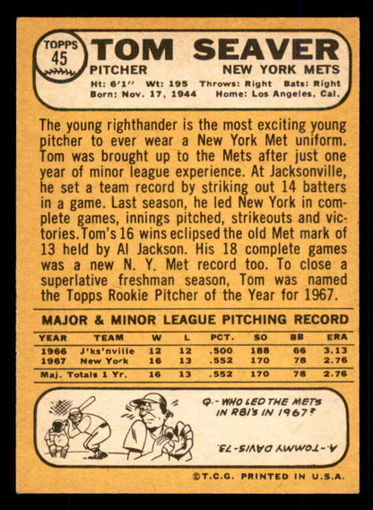 1968 Topps Baseball #045 Tom Seaver Mets EX-MT 559078