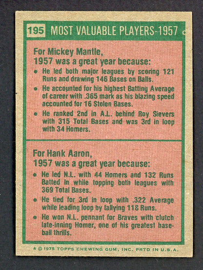 1975 Topps Baseball #195 Mickey Mantle Hank Aaron EX 559085