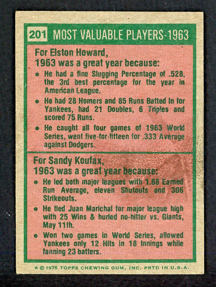 1975 Topps Baseball #201 Sandy Koufax Elston Howard EX 559091