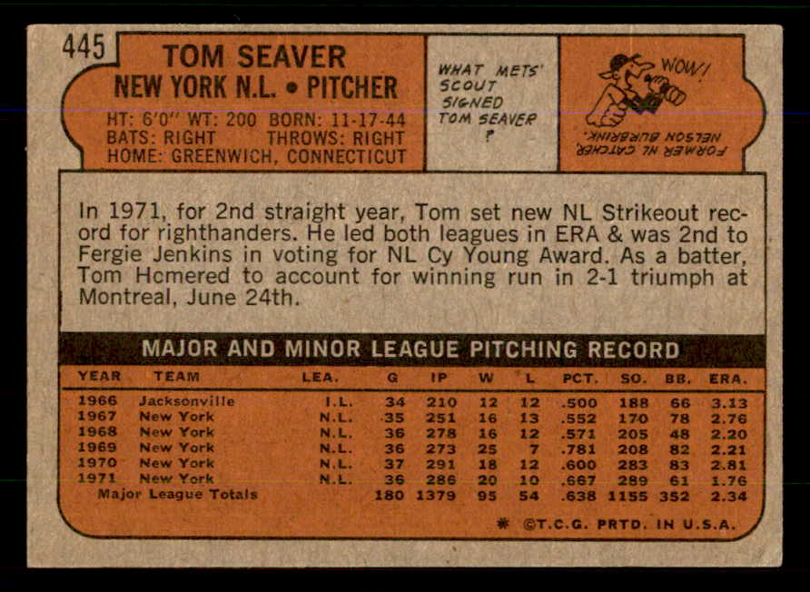 1972 Topps Baseball #445 Tom Seaver Mets VG-EX 559095