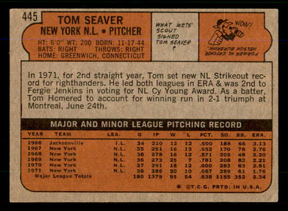 1972 Topps Baseball #445 Tom Seaver Mets VG-EX 559095