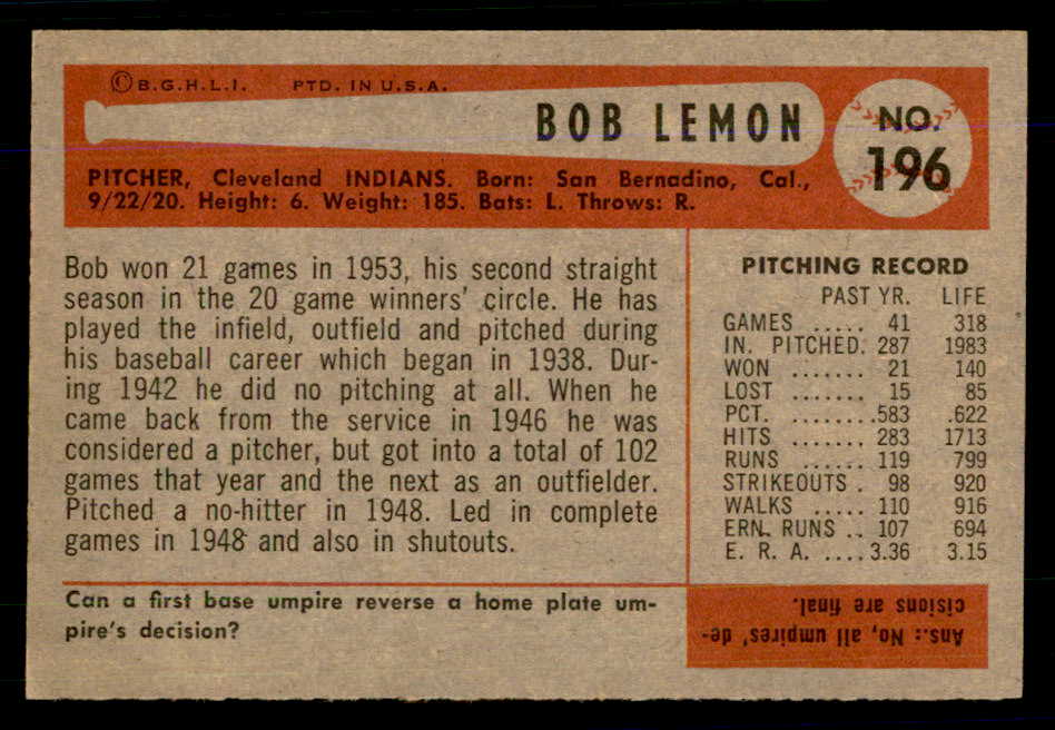 1954 Bowman Baseball #196 Bob Lemon Indians EX-MT/NR-MT 559143