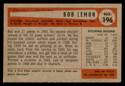 1954 Bowman Baseball #196 Bob Lemon Indians EX-MT/NR-MT 559143