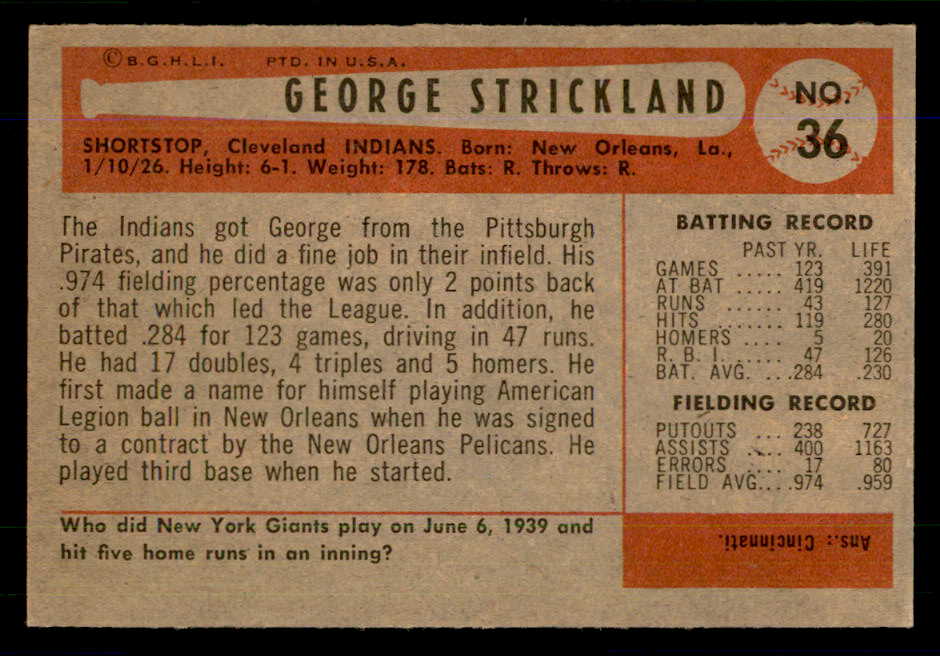 1954 Bowman Baseball #036 George Strickland Indians EX-MT 559144