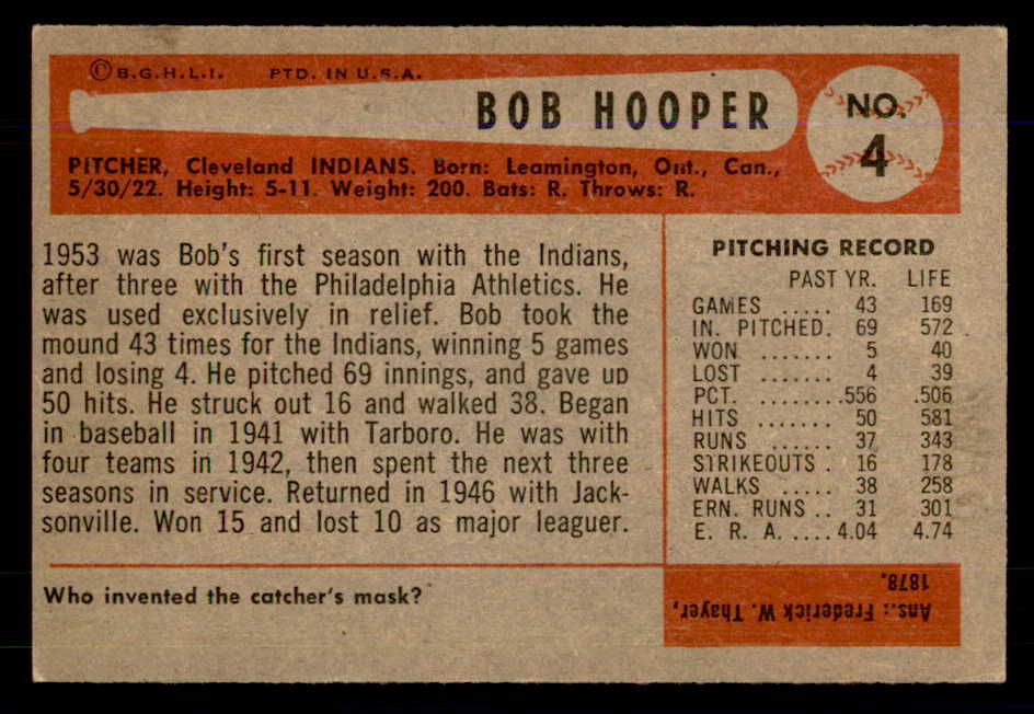 1954 Bowman Baseball #004 Bob Hooper Indians EX-MT 559145