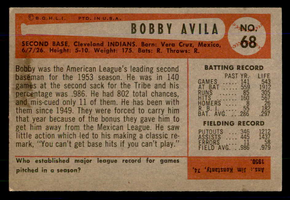 1954 Bowman Baseball #068 Bobby Avila Indians EX-MT 559147