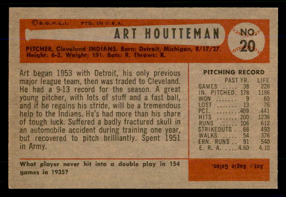 1954 Bowman Baseball #020 Art Houtteman Indians EX 559150