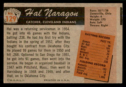 1955 Bowman Baseball #129 Hal Naragon Indians EX 559152