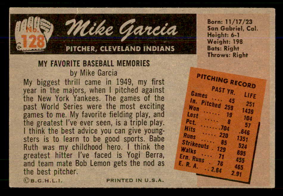 1955 Bowman Baseball #128 Mike Garcia Indians EX+/EX-MT 559154