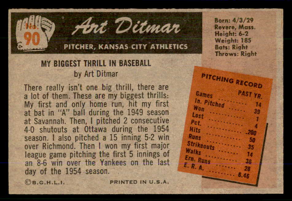 1955 Bowman Baseball #090 Art Ditmar A's EX-MT 559160