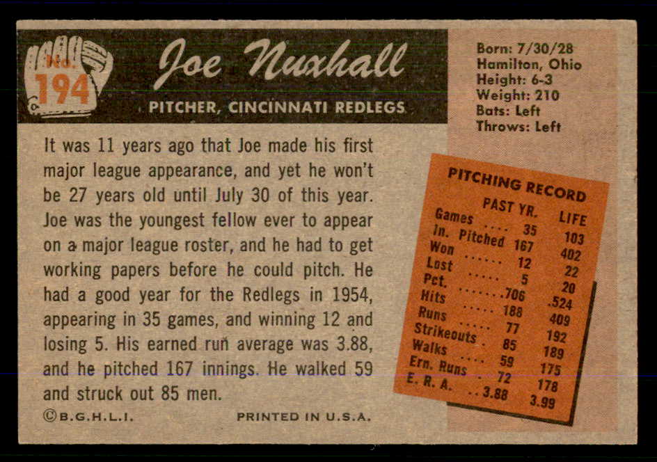 1955 Bowman Baseball #194 Joe Nuxhall Reds EX-MT 559162