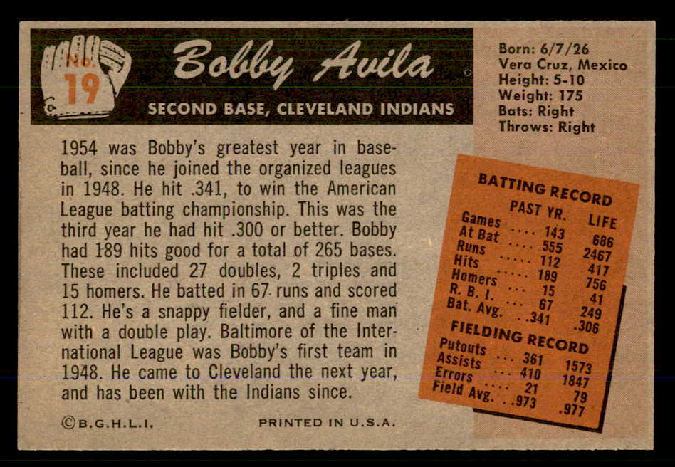 1955 Bowman Baseball #019 Bobby Avila Indians NR-MT 559168