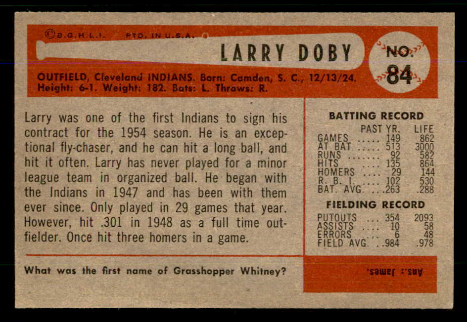 1954 Bowman Baseball #084 Larry Doby Indians EX-MT 559169