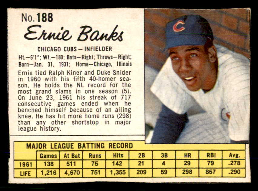 1962 Jello #188 Ernie Banks Cubs Low Grade 559170