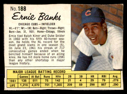 1962 Jello #188 Ernie Banks Cubs Low Grade 559170