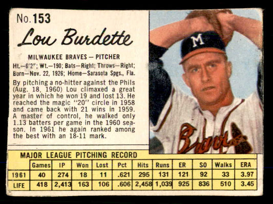 1962 Jello #153 Lou Burdette Braves Low Grade 559171