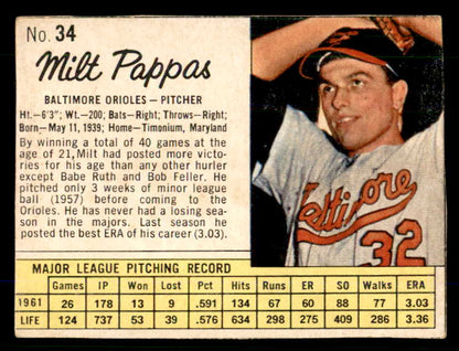 1962 Jello #034 Milt Pappas Orioles Low Grade 559180