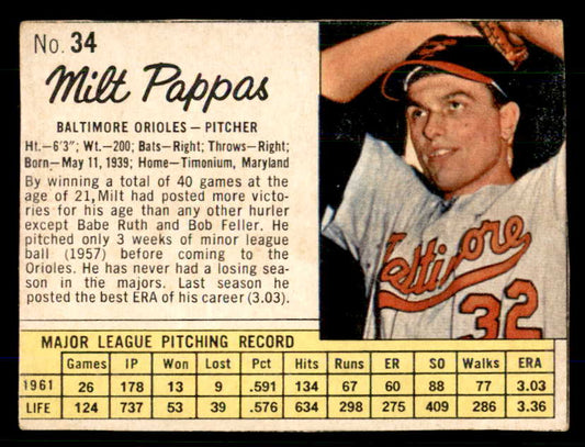 1962 Jello #034 Milt Pappas Orioles Low Grade 559180