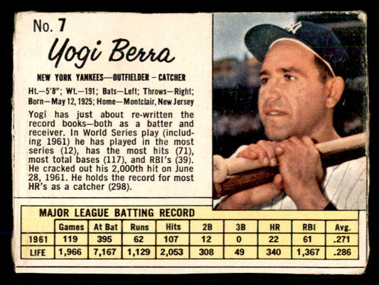 1962 Jello #007 Yogi Berra Yankees Low Grade 559185