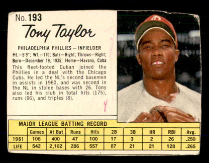 1962 Jello #193 Tony Taylor Phillies Low Grade 559186