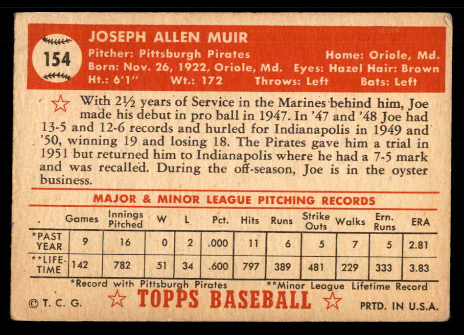 1952 Topps Baseball #154 Joe Muir Pirates VG-EX 559187