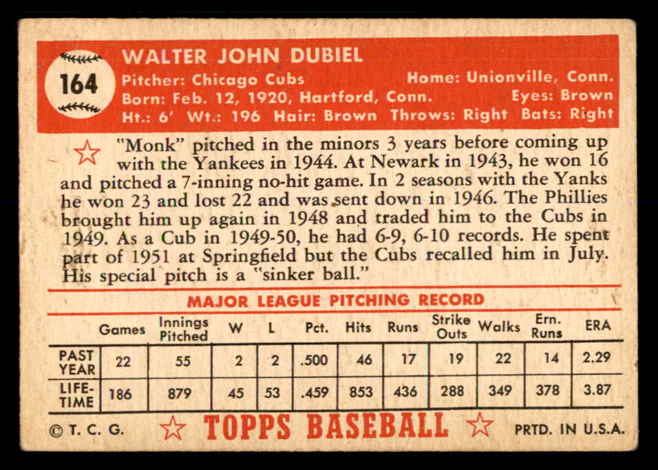 1952 Topps Baseball #164 Walt Dubiel Cubs VG-EX 559193