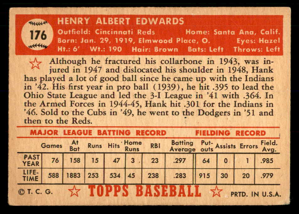 1952 Topps Baseball #176 Hank Edwards Reds VG-EX 559197