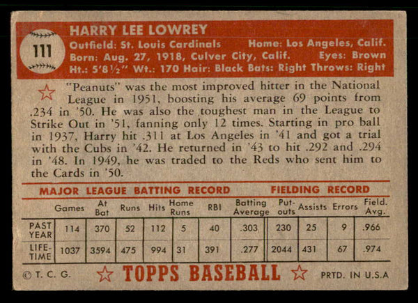 1952 Topps Baseball #111 Peanuts Lowrey Cardinals VG-EX 559209