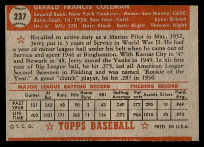 1952 Topps Baseball #237 Jerry Coleman Yankees VG-EX 559214