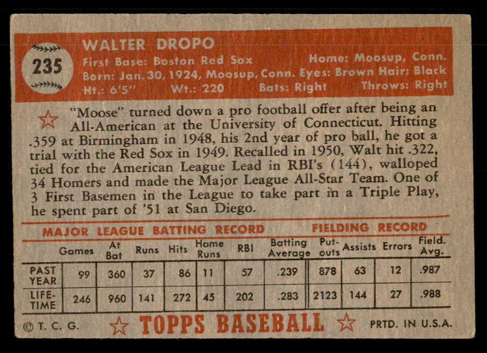 1952 Topps Baseball #235 Walt Dropo Red Sox VG-EX 559215
