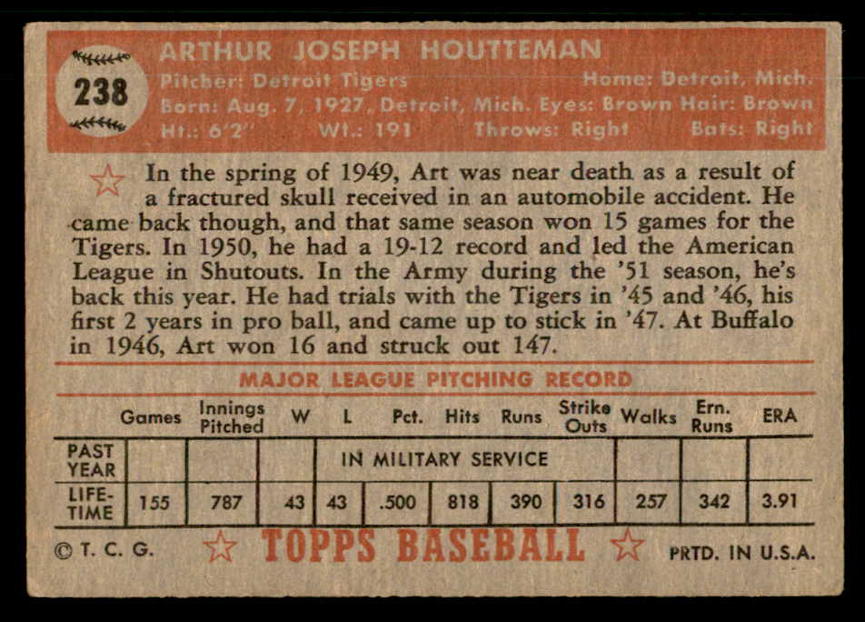 1952 Topps Baseball #238 Art Houtteman Tigers VG-EX 559216