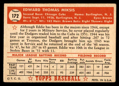 1952 Topps Baseball #172 Eddie Miksis Cubs VG 559221