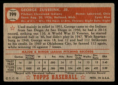 1952 Topps Baseball #199 George Zuverink Indians VG-EX 559223