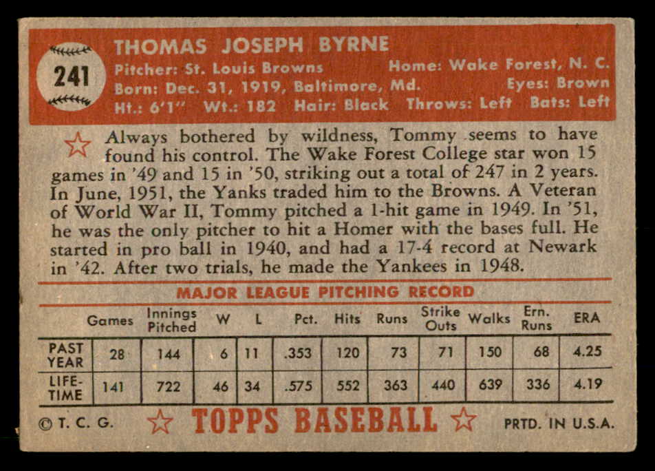 1952 Topps Baseball #241 Tommy Byrne Browns VG-EX 559240