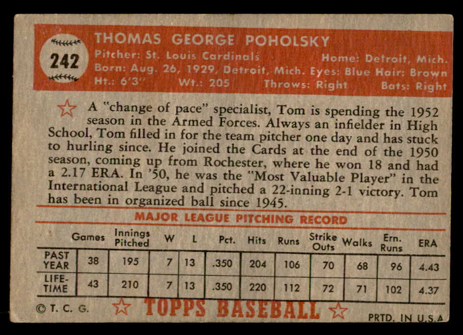 1952 Topps Baseball #242 Tom Poholsky Cardinals VG-EX 559242