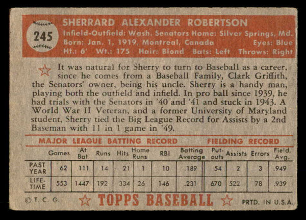 1952 Topps Baseball #245 Sherry Robertson Senators VG-EX 559243