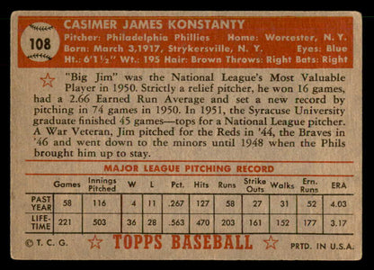 1952 Topps Baseball #108 Jim Konstanty Phillies VG-EX 559249