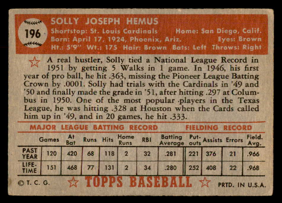 1952 Topps Baseball #196 Solly Hemus Cardinals VG-EX 559252