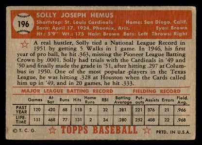 1952 Topps Baseball #196 Solly Hemus Cardinals VG-EX 559252