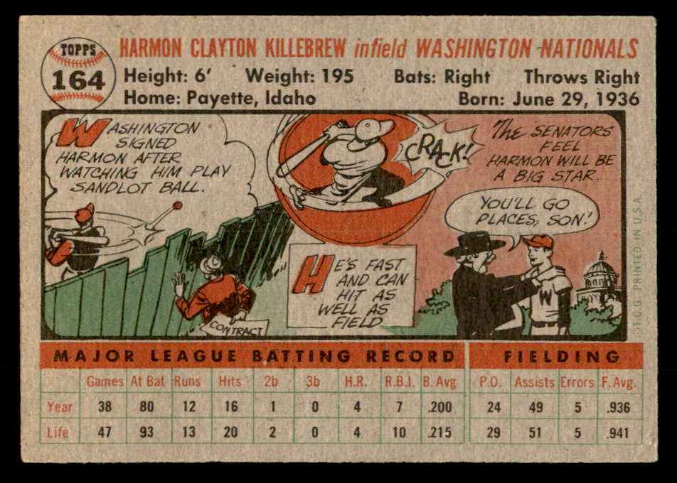 1956 Topps Baseball #164 Harmon Killebrew Senators VG-EX Gray 559259