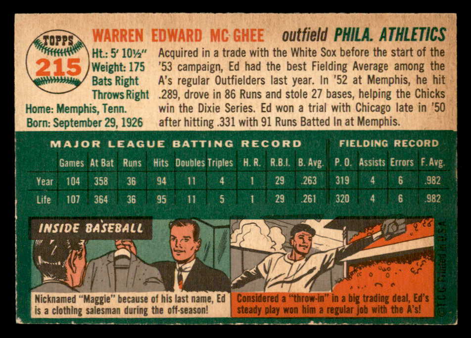 1954 Topps Baseball #215 Ed McGhee A's NR-MT 559263