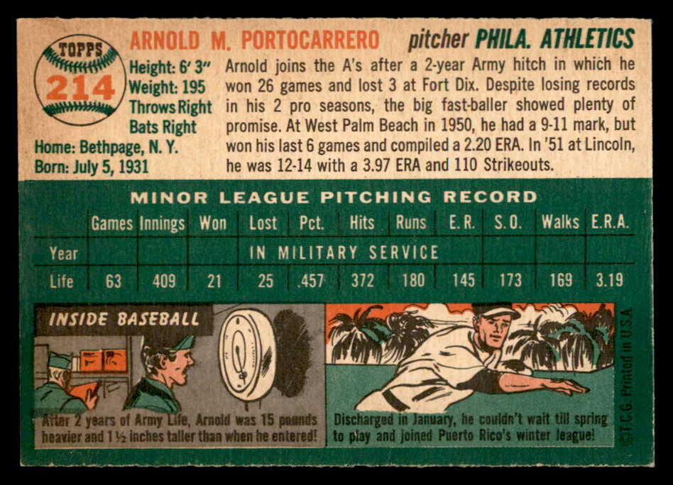 1954 Topps Baseball #214 Arnie Portocarrero A's NR-MT 559264