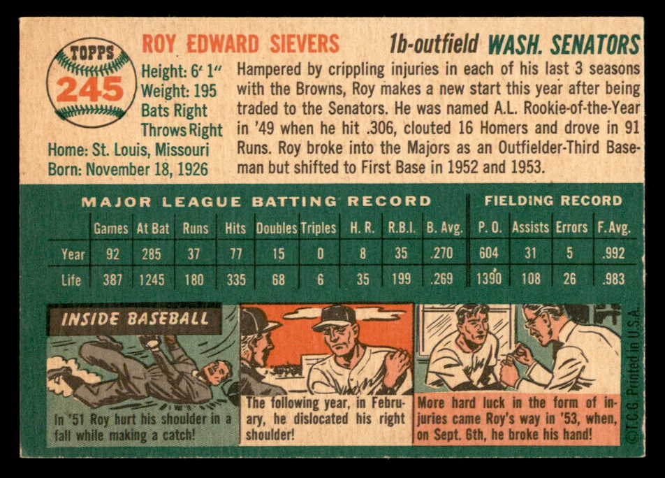 1954 Topps Baseball #245 Roy Sievers Senators EX-MT 559270